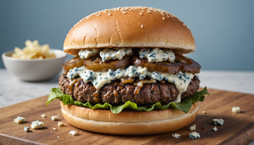 disfruta de una deliciosa hamburguesa de res acompañada de cebolla caramelizada y queso azul, una combinación perfecta de sabores intensos y texturas suaves. ideal para los amantes de los platos gourmet.