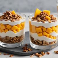 descubre el delicioso parfait de mango y crema de coco con granola crocante: una explosión de sabores frescos, dulces y crujientes. ideal como postre saludable o merienda tropical fácil de preparar.
