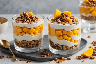 descubre el delicioso parfait de mango y crema de coco con granola crocante: una explosión de sabores frescos, dulces y crujientes. ideal como postre saludable o merienda tropical fácil de preparar.