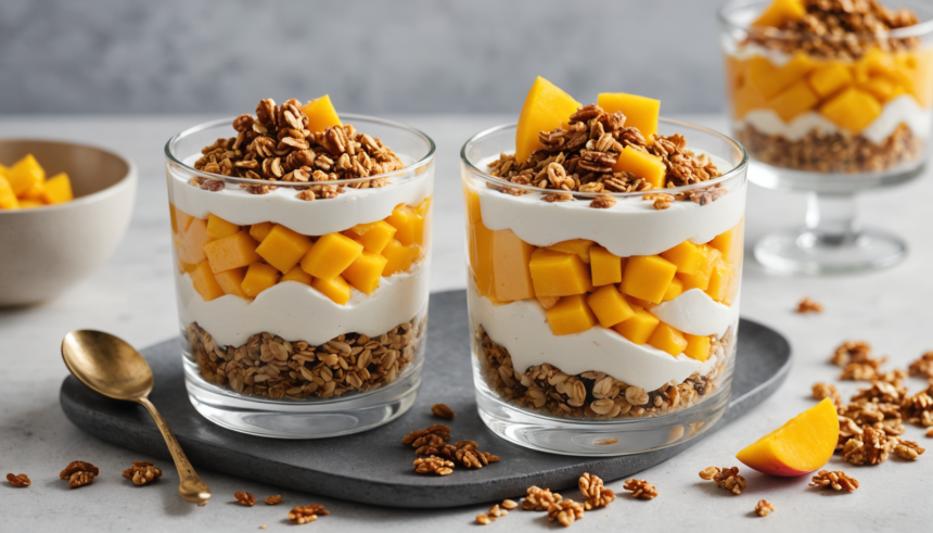 Parfait de Mango y Crema de Coco con Granola Crocante 1 descubre el delicioso parfait de mango y crema de coco con granola crocante: una explosión de sabores frescos, dulces y crujientes. ideal como postre saludable o merienda tropical fácil de preparar.