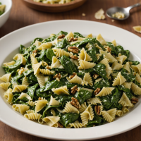 disfruta de una deliciosa pasta fría de farfalle con un suave pesto de espinaca y nuez. ideal para comidas ligeras, frescas y llenas de sabor mediterráneo. ¡perfecta para sorprender en cualquier ocasión!