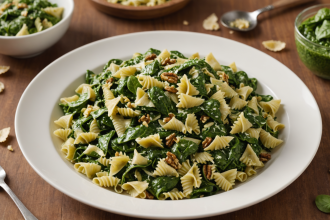 disfruta de una deliciosa pasta fría de farfalle con un suave pesto de espinaca y nuez. ideal para comidas ligeras, frescas y llenas de sabor mediterráneo. ¡perfecta para sorprender en cualquier ocasión!