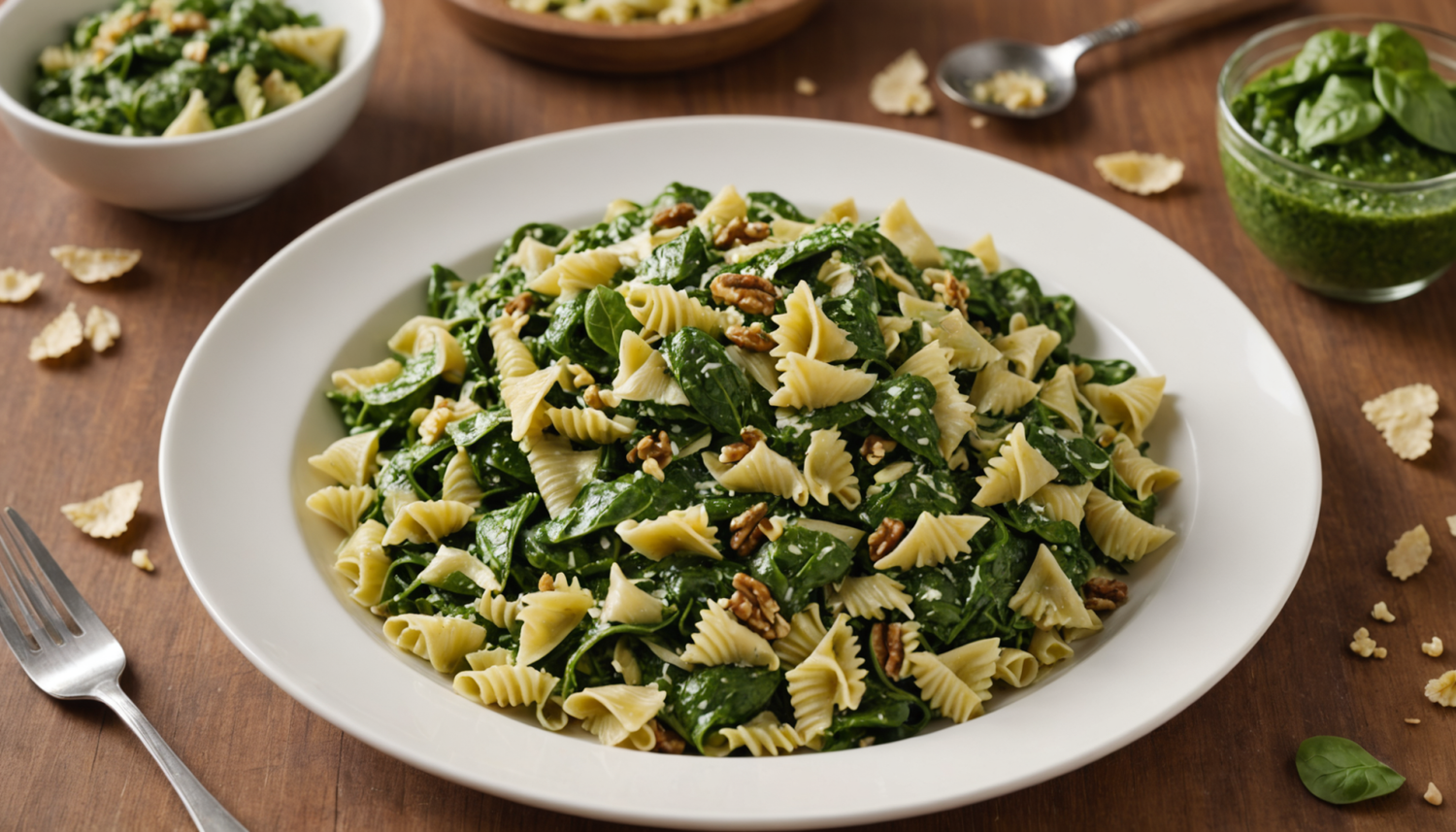 enjoy a delicious cold farfalle pasta with a smooth spinach and walnut pesto. ideal for light, fresh meals full of Mediterranean flavor. perfect for surprising on any occasion!