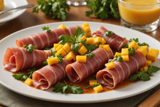 descubre cómo preparar unos deliciosos rollitos de jamón serrano rellenos de mango fresco y rúcula, una opción fácil, ligera y perfecta como aperitivo o entrante para sorprender a tus invitados.