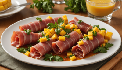 Rollitos de Jamón Serrano con Mango y Rúcula 2 Rollitos de Jamón Serrano con Mango y Rúcula