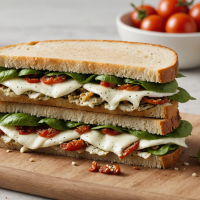 disfruta de un delicioso sándwich de pollo al pesto acompañado de mozzarella cremosa y tomates deshidratados. una combinación irresistible perfecta para el almuerzo o la cena. ¡prueba esta receta fácil y rápida!