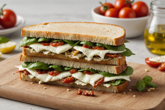 disfruta de un delicioso sándwich de pollo al pesto acompañado de mozzarella cremosa y tomates deshidratados. una combinación irresistible perfecta para el almuerzo o la cena. ¡prueba esta receta fácil y rápida!