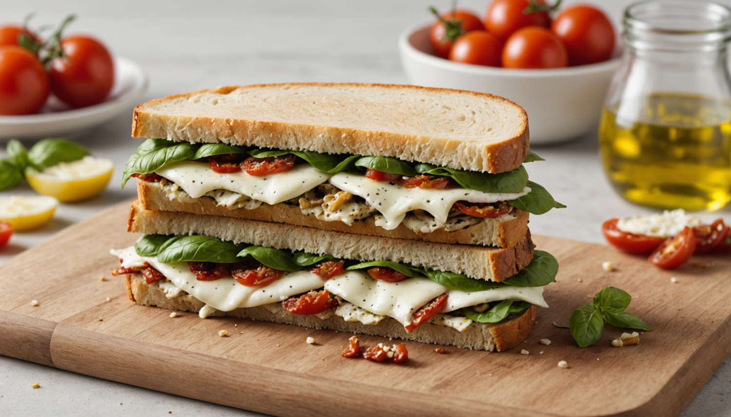 enjoy a delicious pesto chicken sandwich accompanied by creamy mozzarella and sun-dried tomatoes. an irresistible combination perfect for lunch or dinner. try this easy and quick recipe!