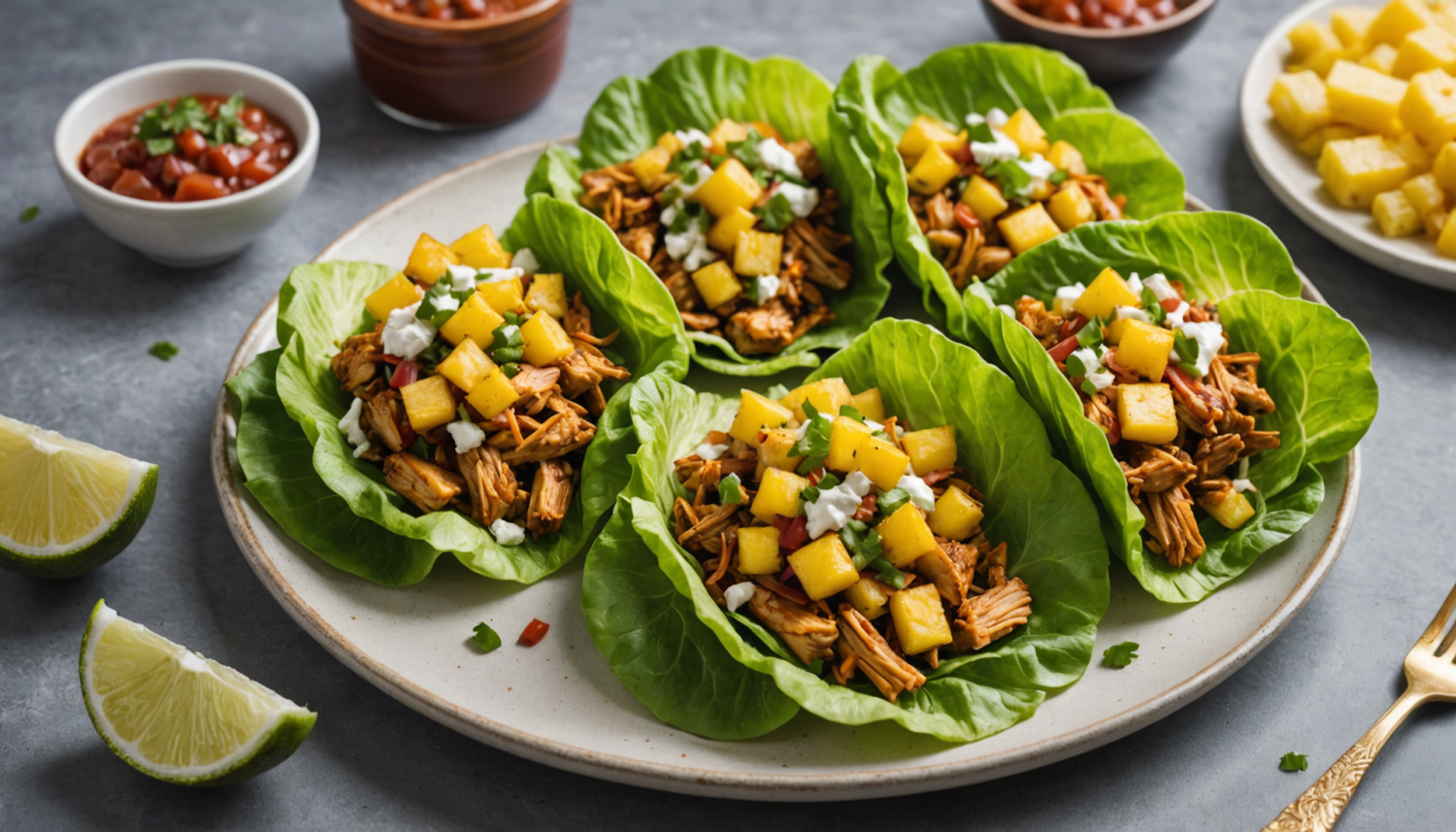 enjoy these delicious lettuce tacos filled with chipotle chicken and pineapple, a healthy, fresh, and flavorful recipe, ideal for surprising at your light meals or quick dinners.