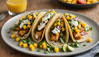 Tacos de Pescado con Costra de Parmesano y Salsa de Mango 8 Tacos de Pescado con Costra de Parmesano y Salsa de Mango