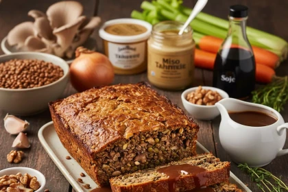 Asado vegano de champiñones y lentejas con gravy de miso