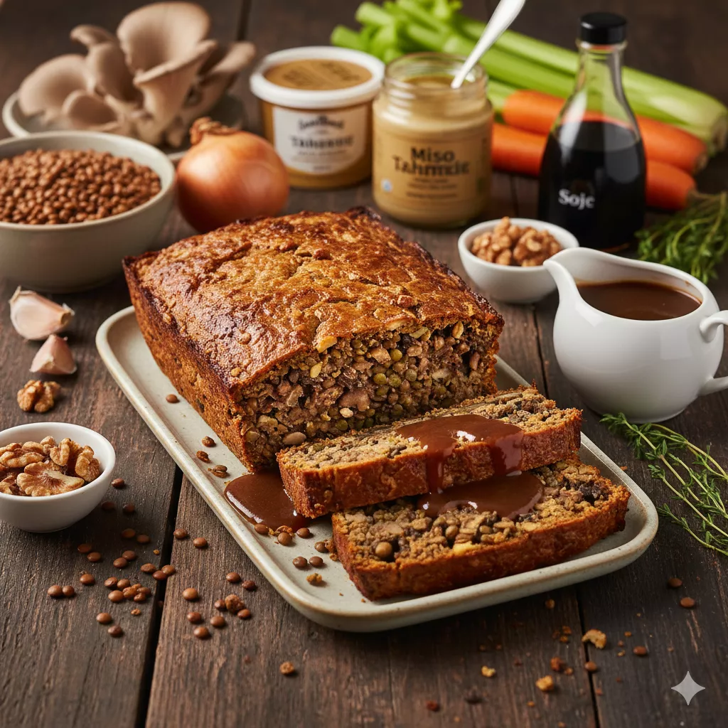 Vegan mushroom and lentil roast with miso gravy