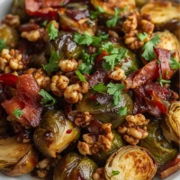 Coles de Bruselas con tocino y balsámico en sartén o fuente