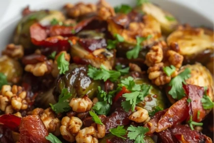 Coles de Bruselas con tocino y balsámico en sartén o fuente