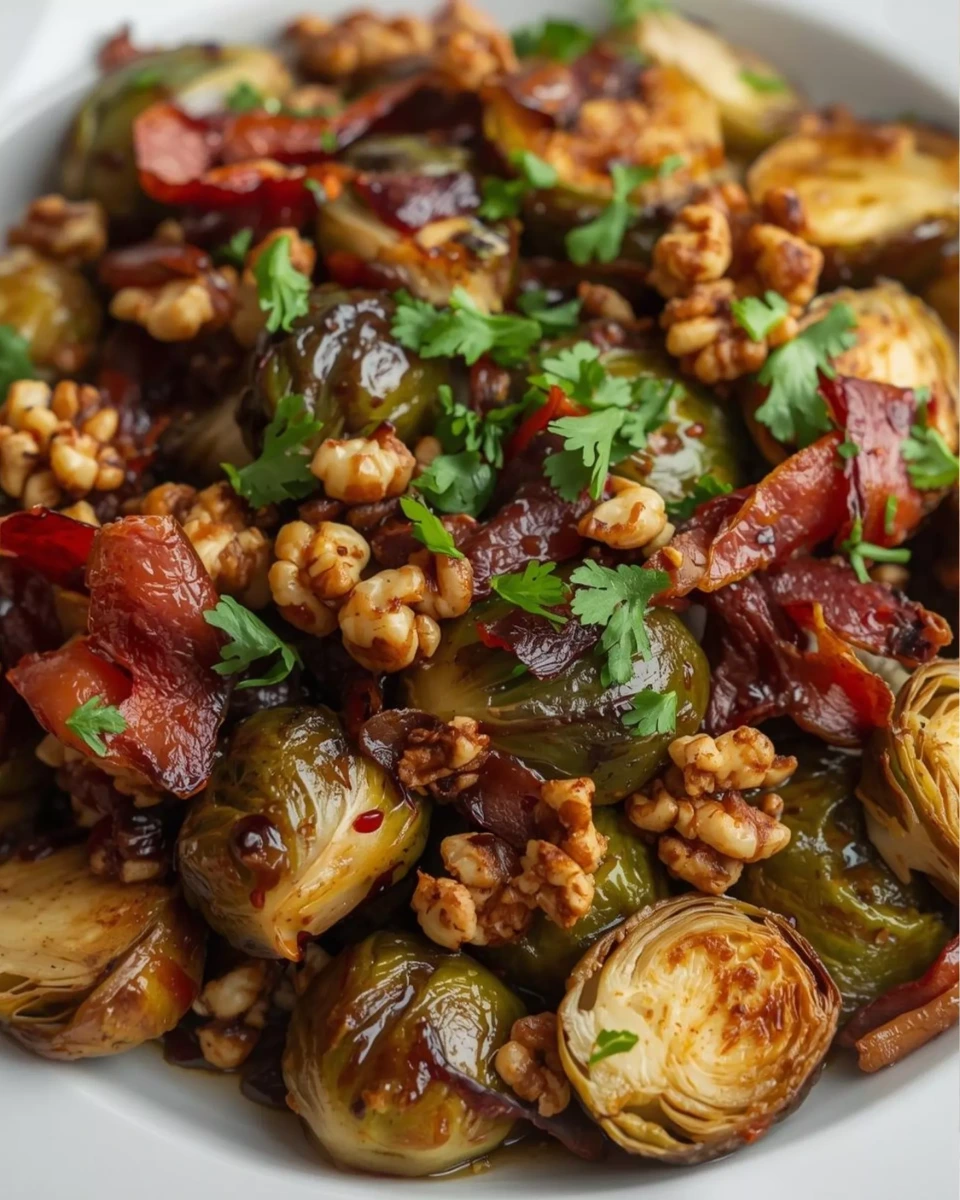 Brussels Sprouts with bacon and balsamic in a pan or dish