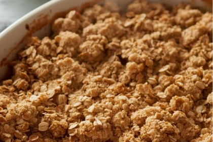 Crumble de manzana y pera con avena servido en refractario