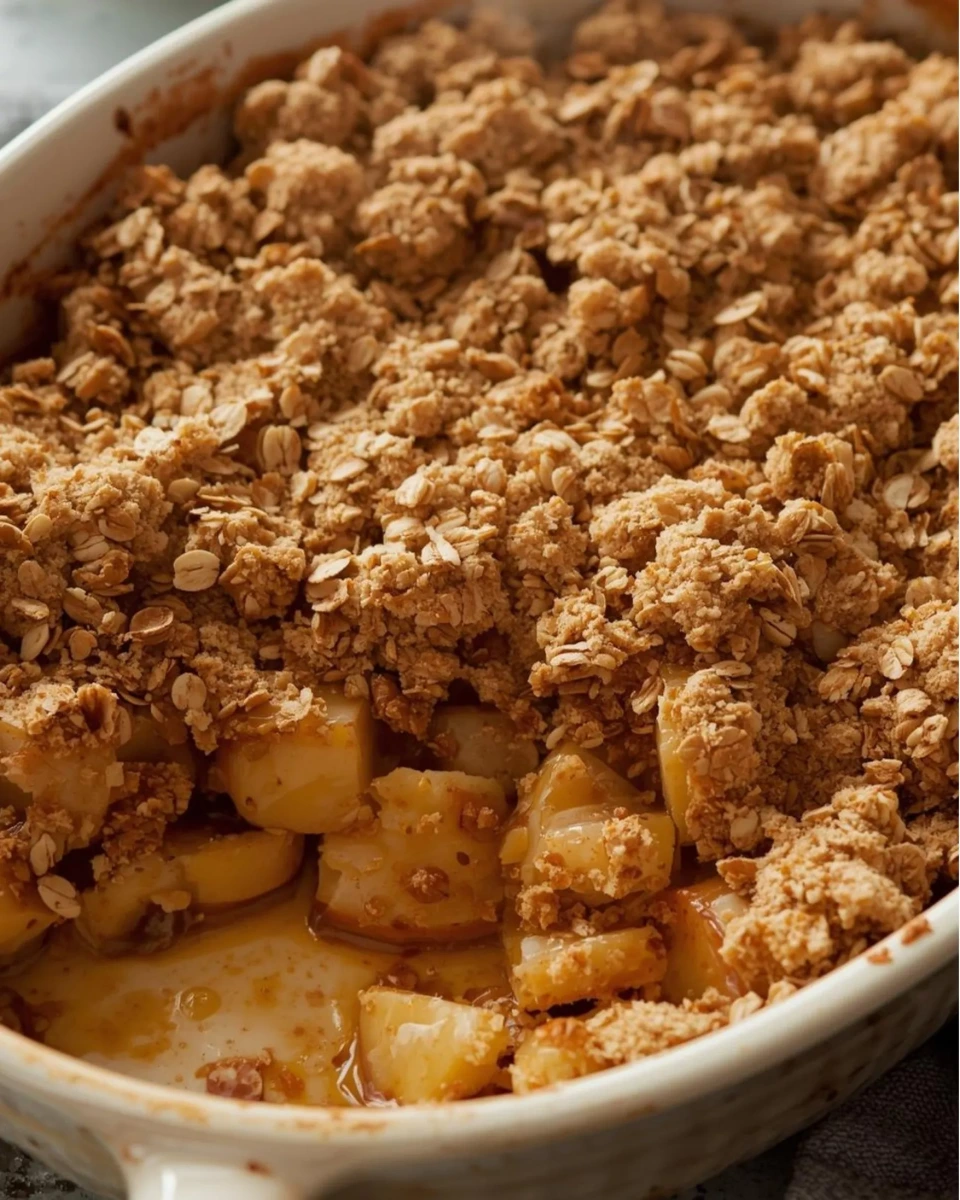 Apple and pear crumble with oats served in a baking dish