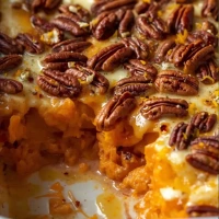 Gratin de camote con chipotle y pecanas en charola al horno