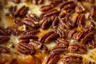 Gratin de camote con chipotle y pecanas en charola al horno