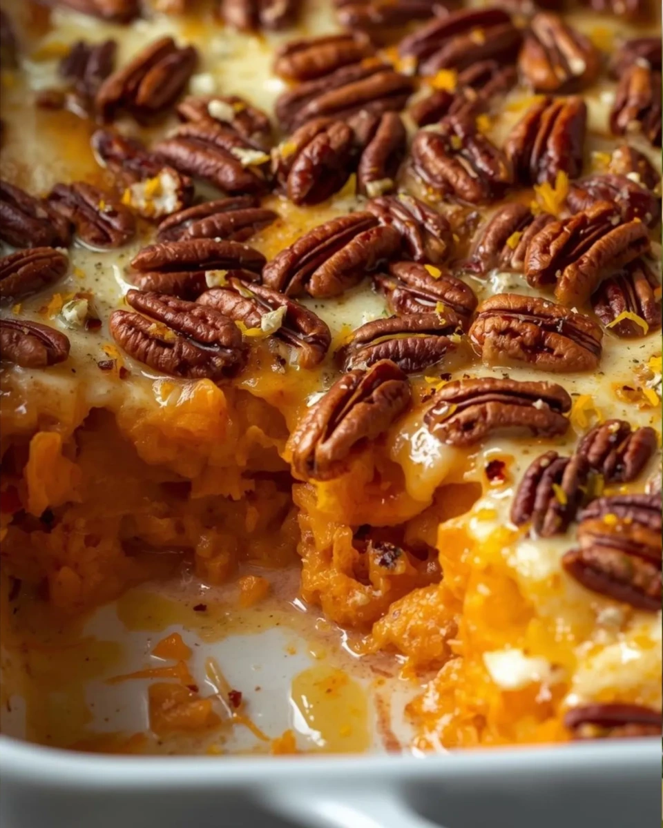 Sweet potato gratin with chipotle and pecans in a baking dish