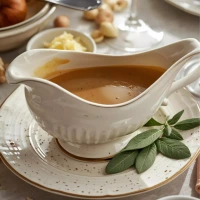 Gravy de pavo con vino blanco y salvia servido en salsera