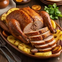 Pavo al pastor con piña asada sobre charola