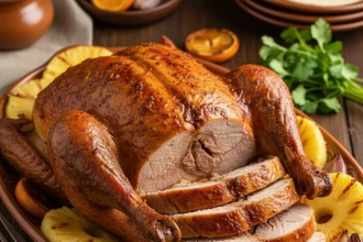 Pavo al pastor con piña asada sobre charola