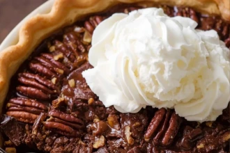 Pay de nuez pecana con chocolate amargo en rebanadas