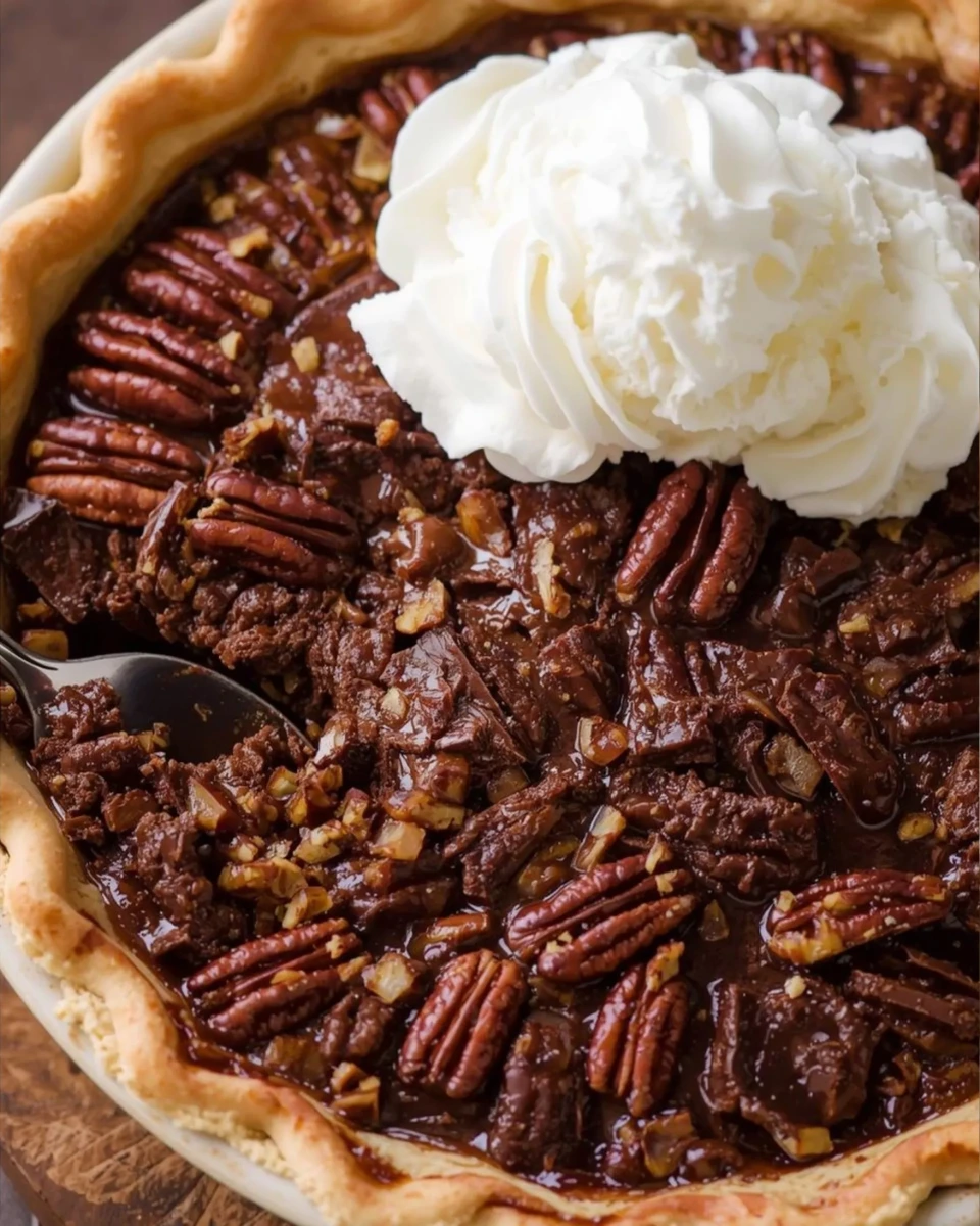 Pecan pie with dark chocolate in slices