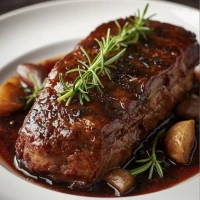 Prime rib con ajo negro y romero rebanado en cortes gruesos