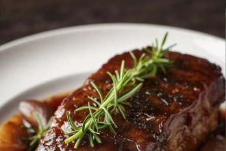 Prime rib con ajo negro y romero rebanado en cortes gruesos