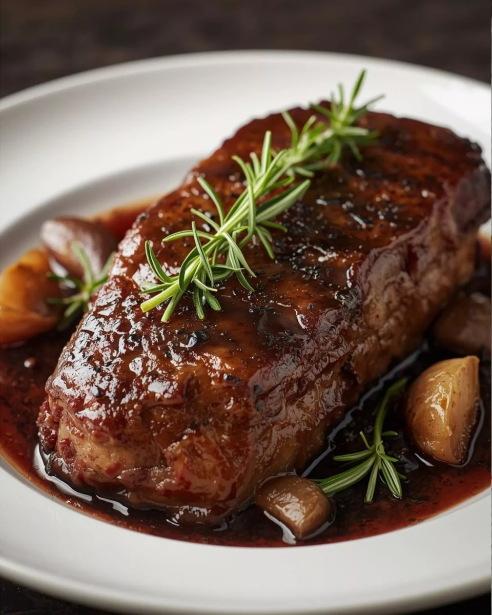 Prime rib with black garlic and rosemary sliced into thick cuts