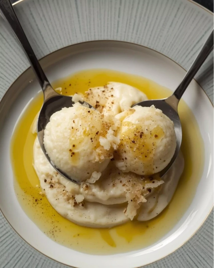 Puré de coliflor y parmesano opción trufa servido en plato