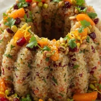 Quinoa festiva con frutos secos presentada en ensaladera
