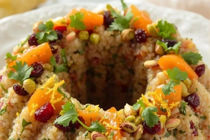 Quinoa festiva con frutos secos presentada en ensaladera