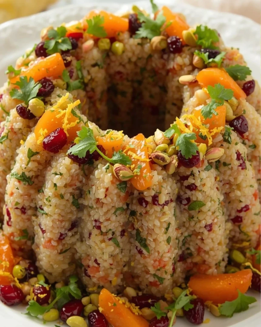 Quinoa festiva con frutos secos presentada en ensaladera