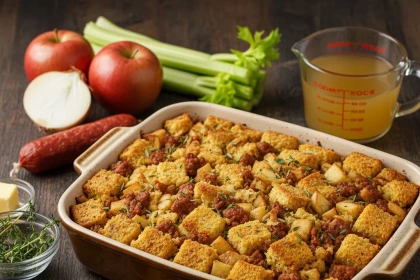 Relleno de pan de elote con chorizo y manzana dorado en la superficie dentro de refractario.