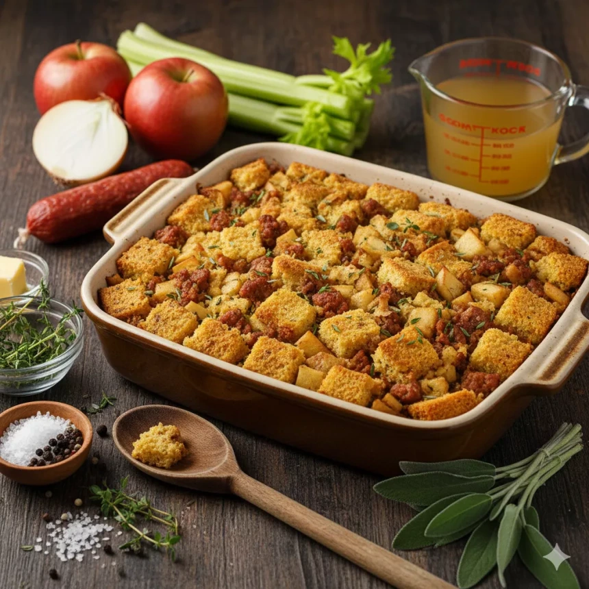 Relleno de pan de elote con chorizo y manzana dorado en la superficie dentro de refractario.