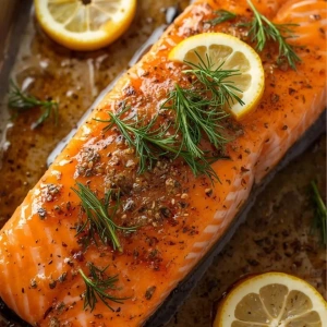 Salmón entero al horno con miel y miso decorado con eneldo y rodajas de limón.