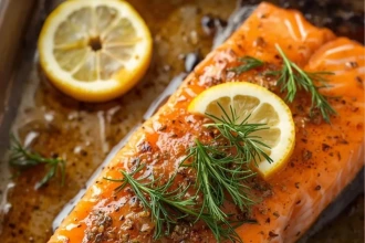 Salmón entero al horno con miel y miso decorado con eneldo y rodajas de limón.
