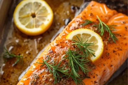 Salmón entero al horno con miel y miso decorado con eneldo y rodajas de limón.