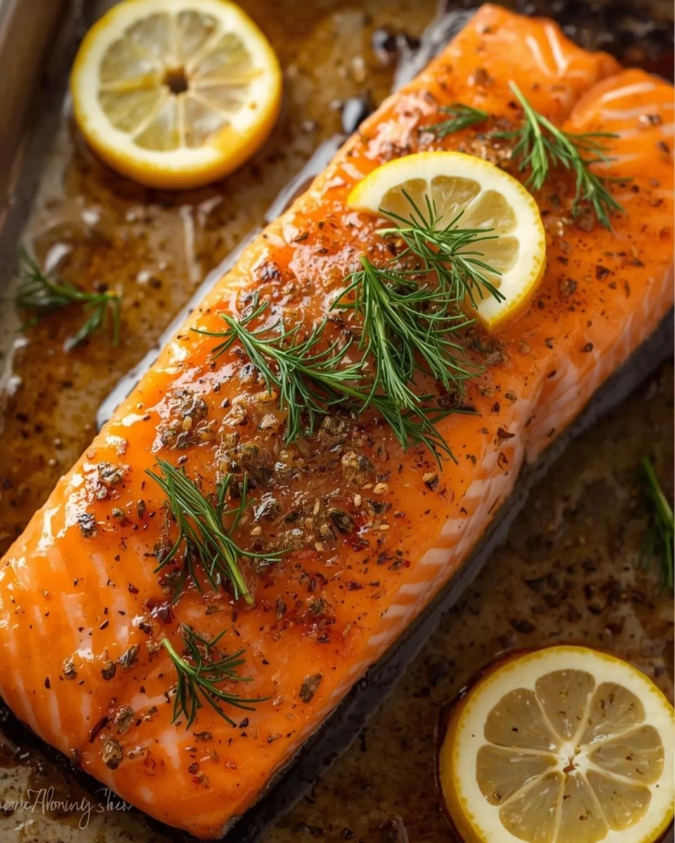 Whole Baked Salmon with Honey and Miso decorated with dill and lemon slices.