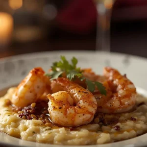 Imagen de Camarones al ajo y mantequilla café con risotto de parmesano servida en plato
