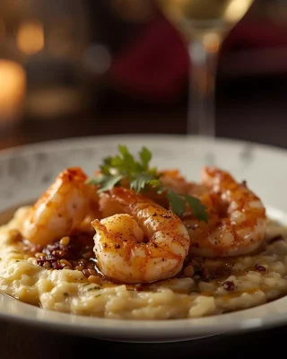 Camarones al ajo y mantequilla café con risotto de parmesano 2 Camarones al ajo y mantequilla café con risotto de parmesano