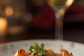 Imagen de Camarones al ajo y mantequilla café con risotto de parmesano servida en plato