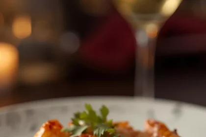 Imagen de Camarones al ajo y mantequilla café con risotto de parmesano servida en plato