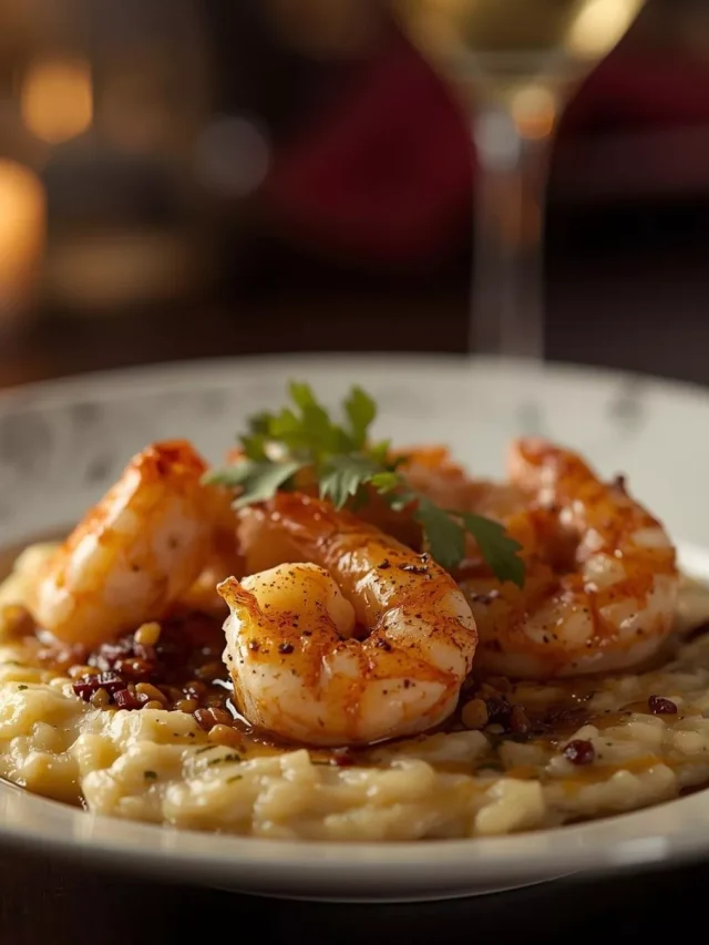 Imagen de Camarones al ajo y mantequilla café con risotto de parmesano servida en plato