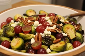 Coles de Bruselas, uvas, pecanas y cotija (vinagreta maple–chipotle)