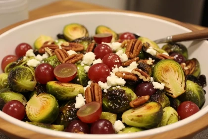 Coles de Bruselas, uvas, pecanas y cotija (vinagreta maple–chipotle)