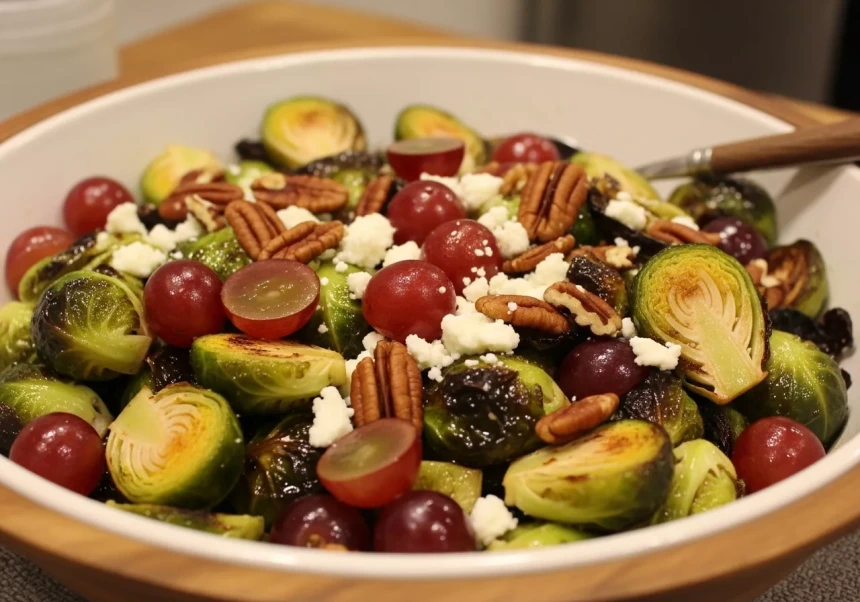 Coles de Bruselas, uvas, pecanas y cotija (vinagreta maple–chipotle)